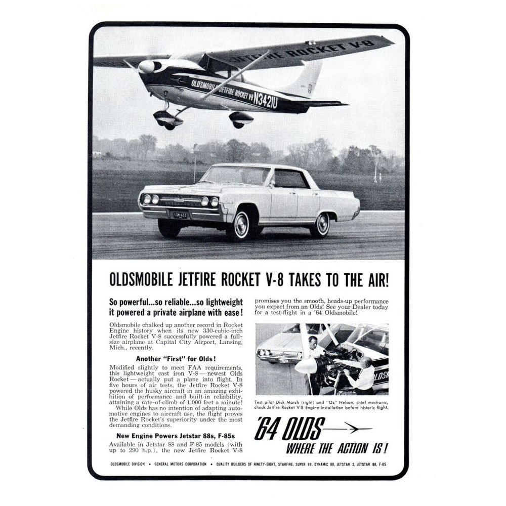 1964 Oldsmobile Jetfire Rocket V8 Takes to the Air Vintage Print Ad Airplane